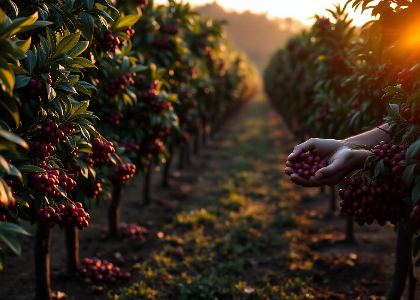Colheita de café em fazenda brasileira ao entardecer
