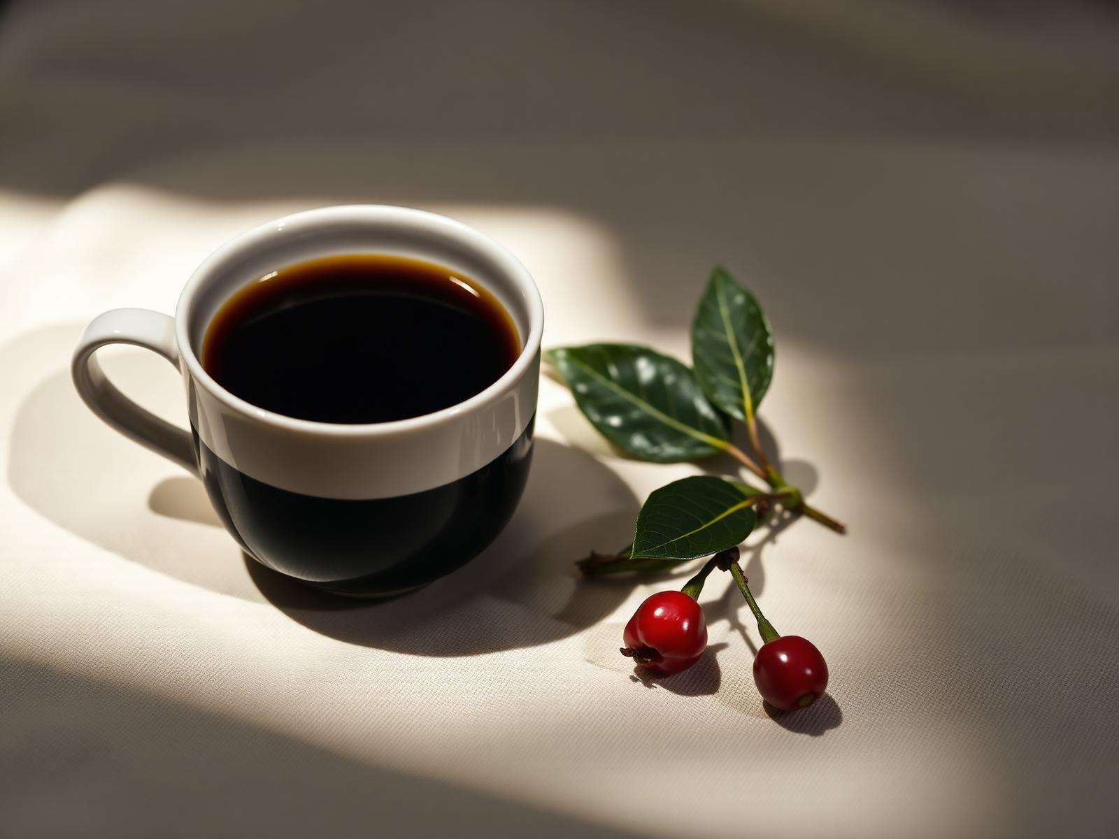 Xícara de café espresso ao lado de galho de café com cerejas vermelhas
